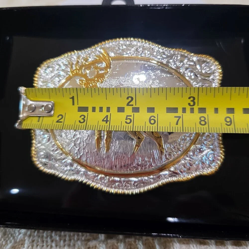 Vintage Crumrine NIB Western Whitetail Deer Silver Gold Rectangle Belt Buckle